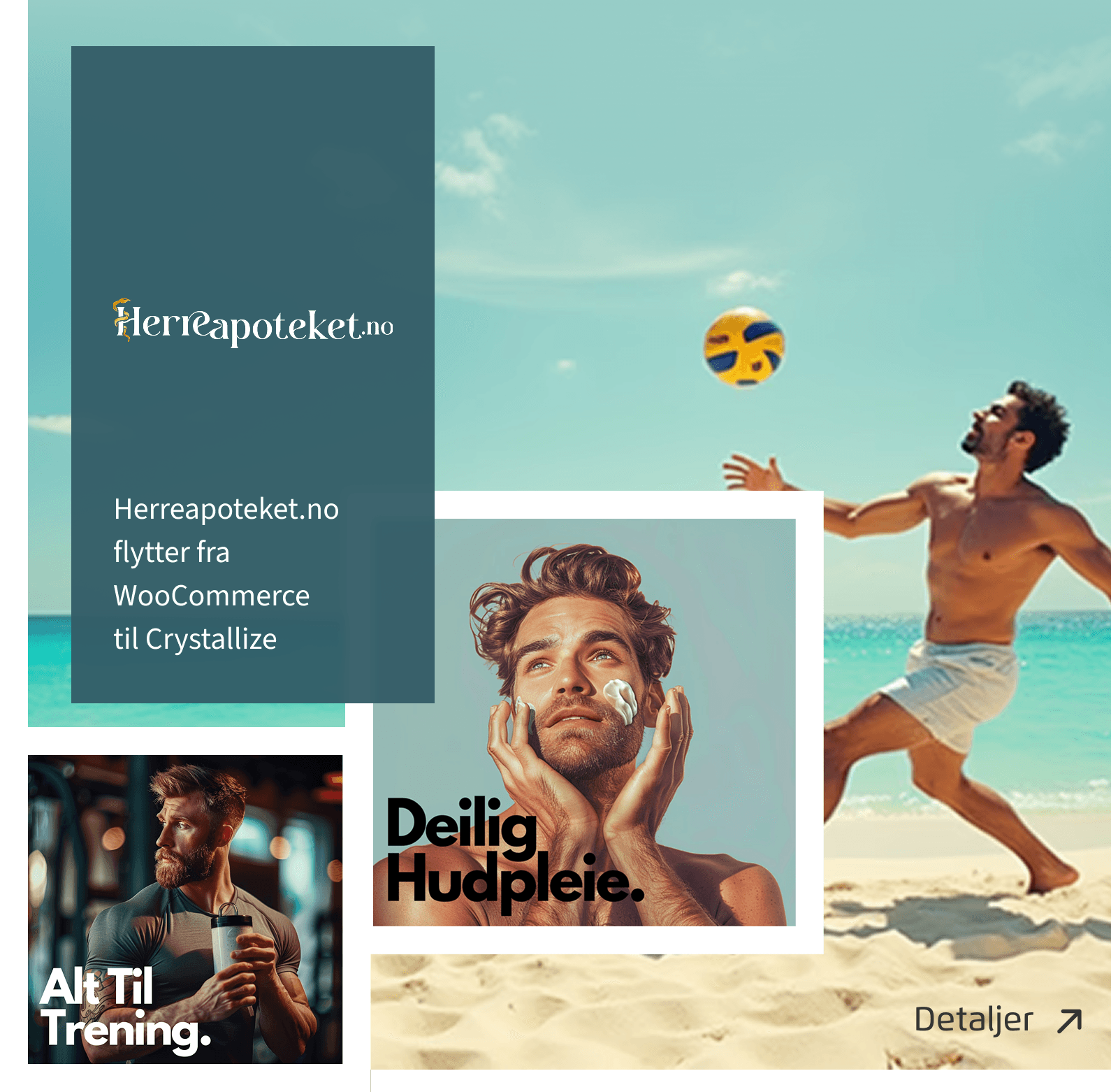 Plakat med tre bilder med menn og logoen til Herreapoteket. Teksten sier herreapoteket.no flytter fra WooCommerce til Crystallize.